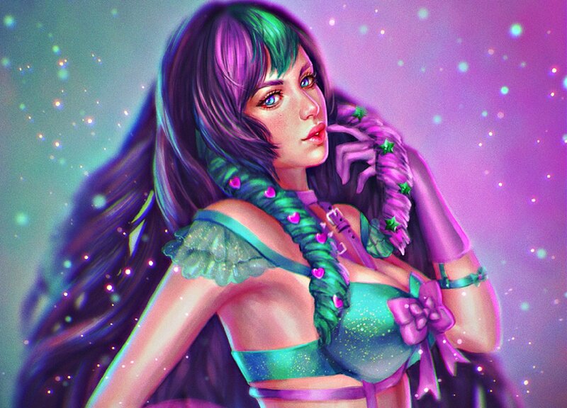 Woman with Colorful Hair — Purple, Dreamy, Night, Digital Art, Stars