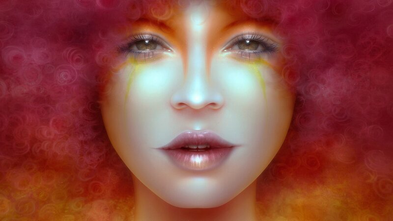 Woman with Colorful Hair — Red, Dramatic, Digital Art, Eyes