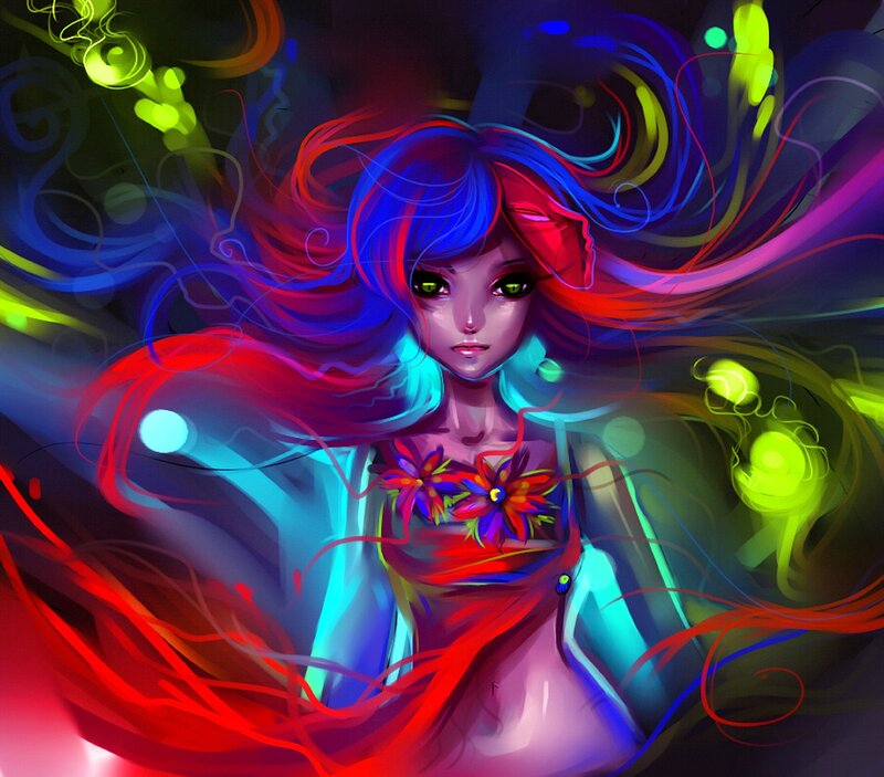 Woman with Colorful Hair — Red, Vibrant, Night
