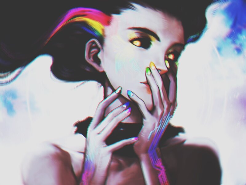 Woman with Colorful Hair — White, Dramatic, Digital Art, Hands