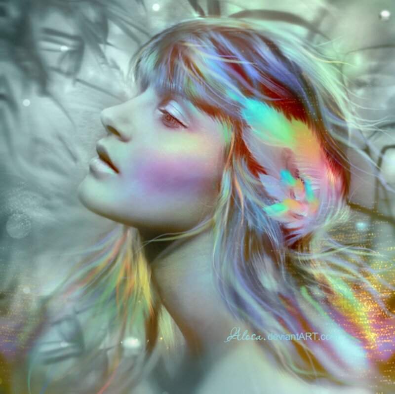 Woman with Colorful Hair — White, Dreamy, Digital Art