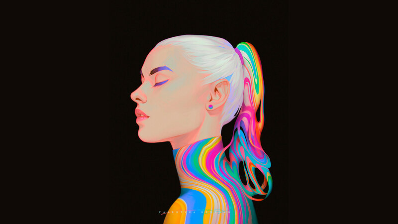 Woman with Colorful Hair — White, Serene, Digital Art, Earring