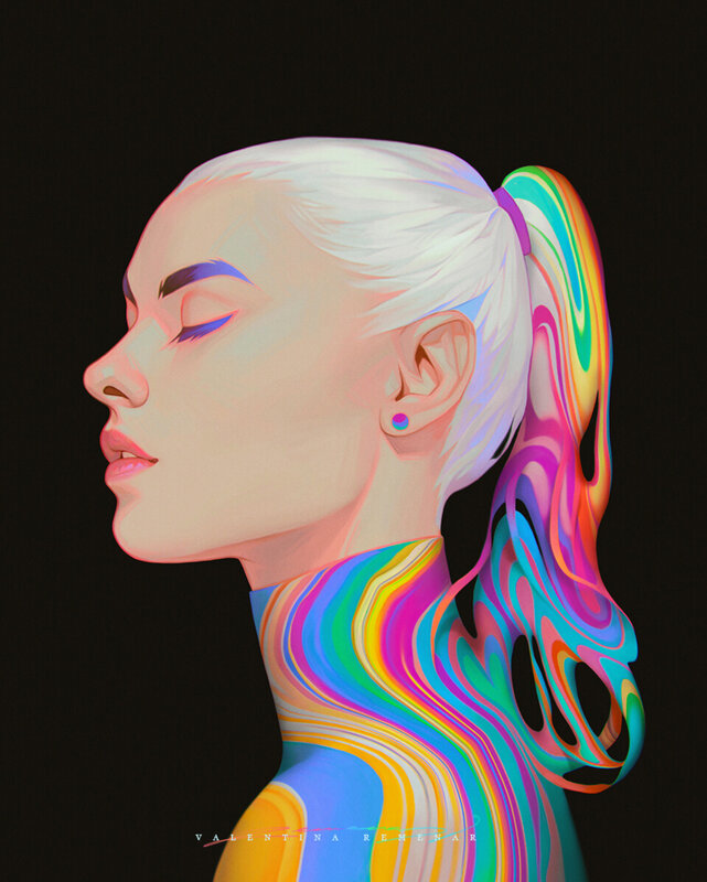 Woman with Colorful Hair — White, Serene, Digital Art