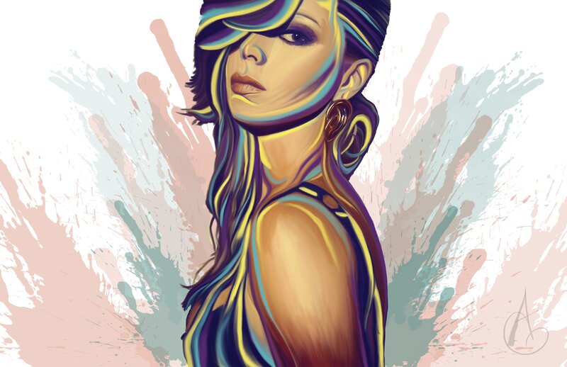 Woman with Colorful Hair — Yellow, Dramatic, Digital Art