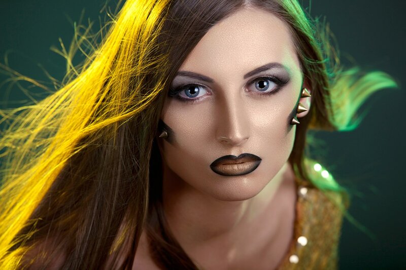 Woman with Colorful Hair — Yellow, Dramatic, Photograph, Spiked Earrings