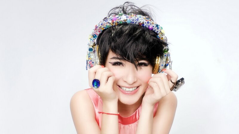 woman with colorful headphones
