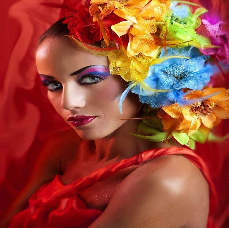 Woman with Colorful Headpiece — Red, Dramatic