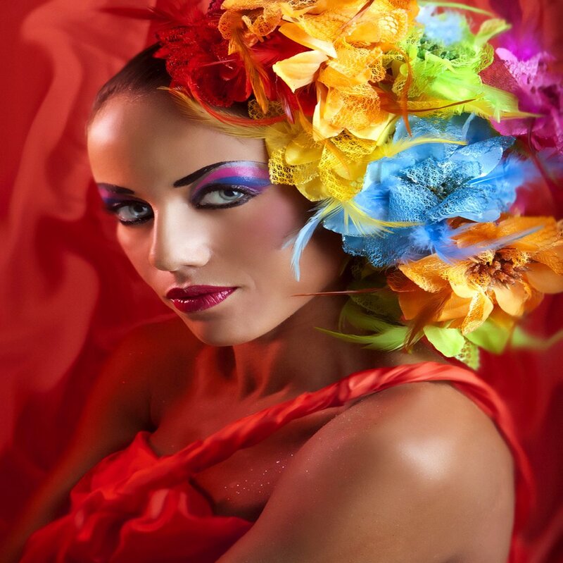 Woman with Colorful Headpiece — Red