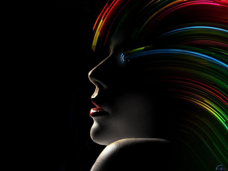 woman with colorful light trails