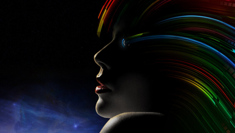 woman with colorful light trails