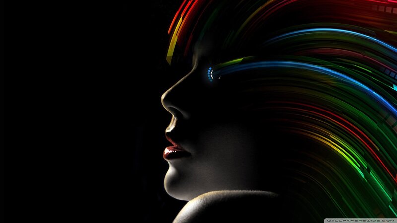 woman with colorful light trails