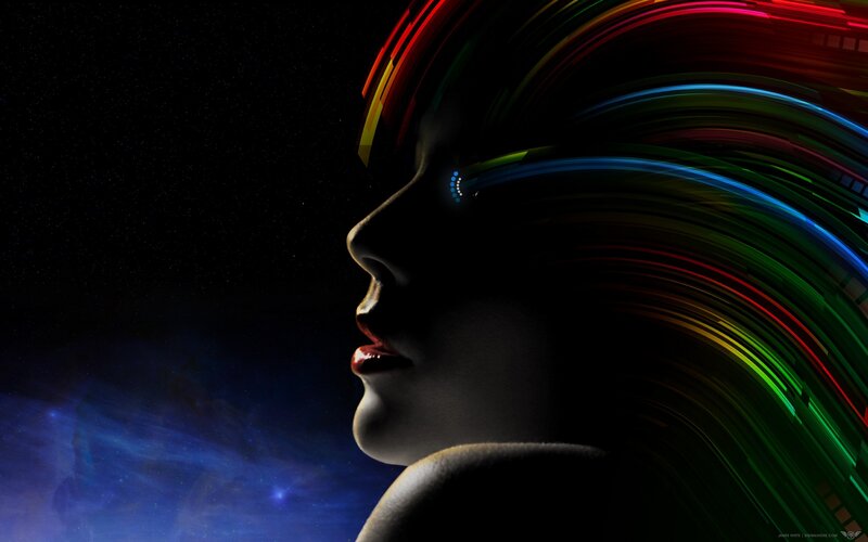 woman with colorful light trails