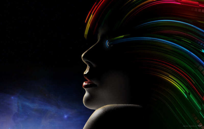 woman with colorful light trails