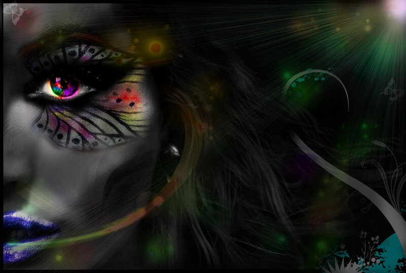 Woman with Colorful Makeup — Black, Dramatic, Night, Digital Art