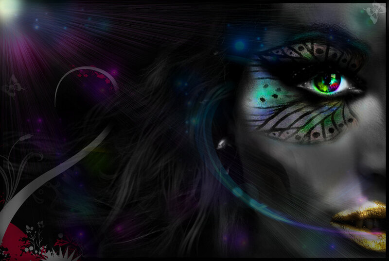 Woman with Colorful Makeup — Black, Dramatic, Night