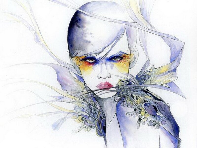 Woman with Colorful Makeup — Blue, Dramatic, Illustration