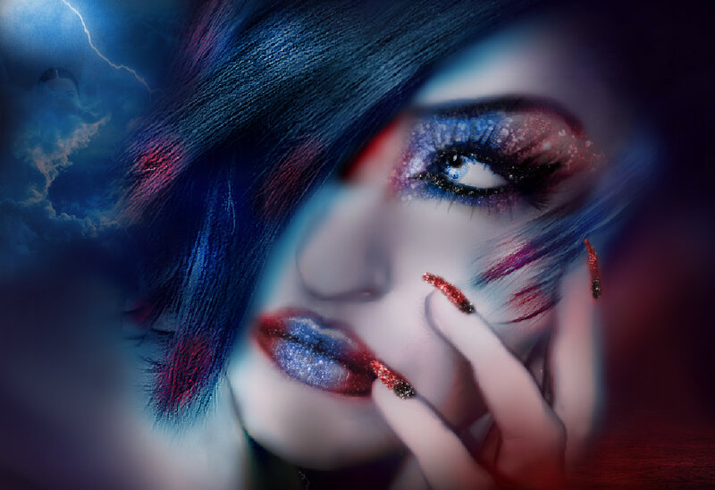 Woman with Colorful Makeup — Blue, Dramatic, Night