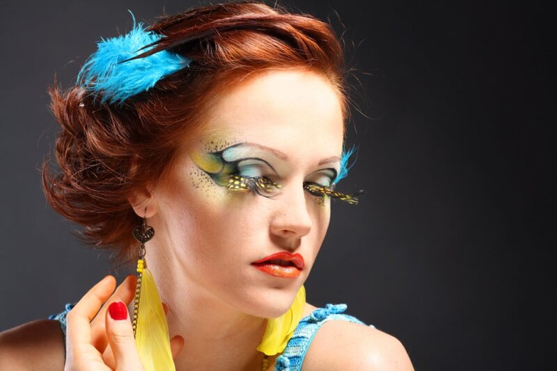 Woman with Colorful Makeup — Blue, Dramatic, Photograph, Feather Hair Accessory