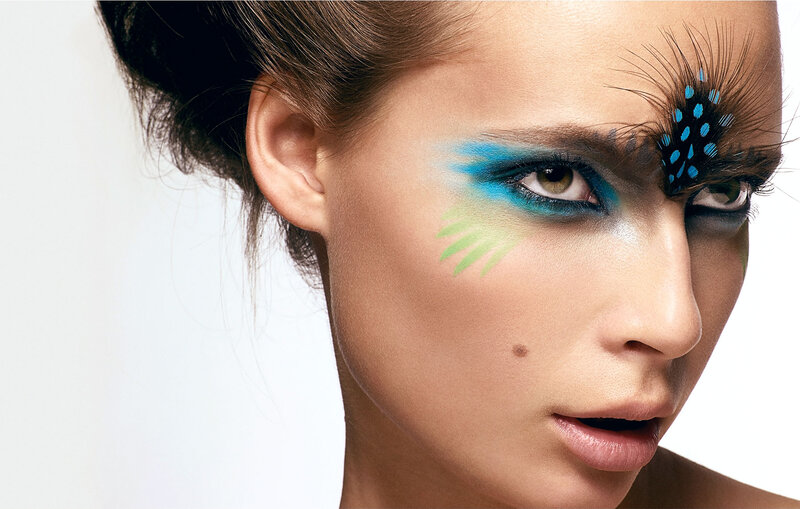 Woman with Colorful Makeup — Blue, Dramatic, Photograph, Feather