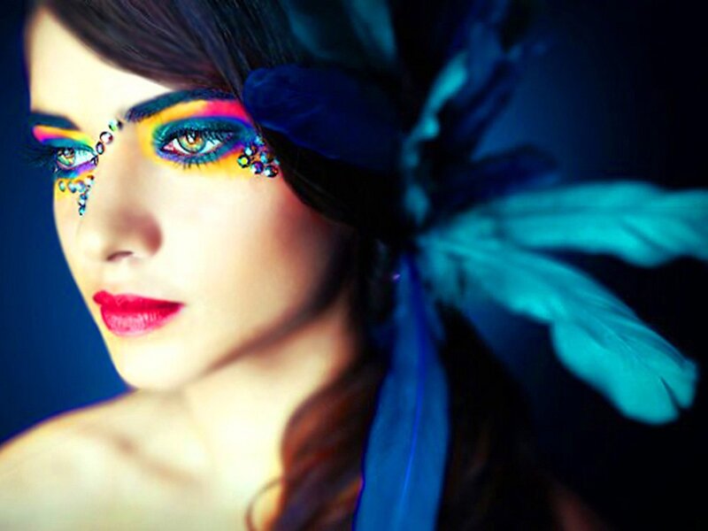 Woman with Colorful Makeup — Blue, Dramatic, Photograph, Feathers