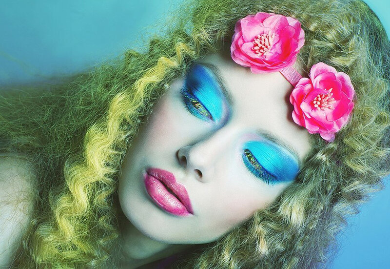 Woman with Colorful Makeup — Blue, Dramatic, Photograph, Flowers