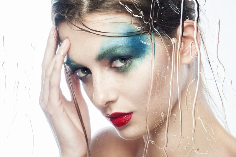 Woman with Colorful Makeup — Blue, Dramatic, Photograph, Hand, Water