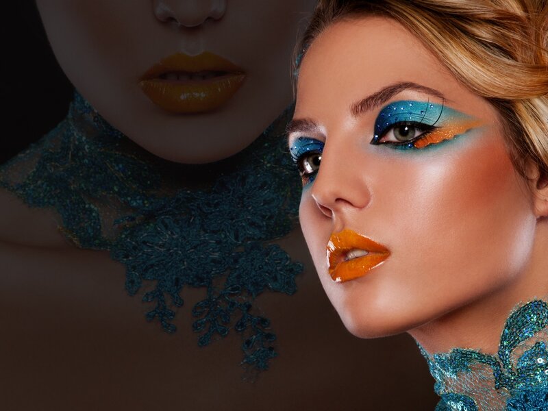 Woman with Colorful Makeup — Blue, Dramatic, Photograph, Lace Collar
