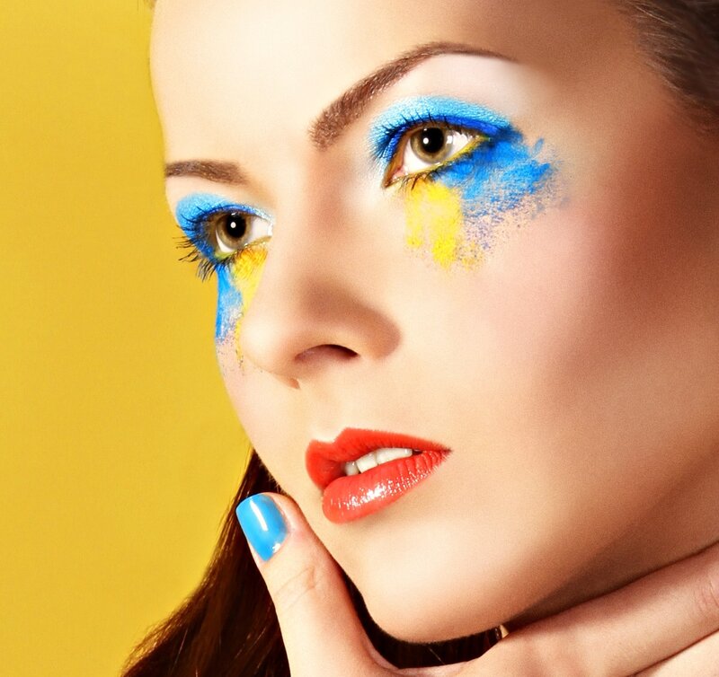 Woman with Colorful Makeup — Blue, Dramatic, Photograph, Nail Polish