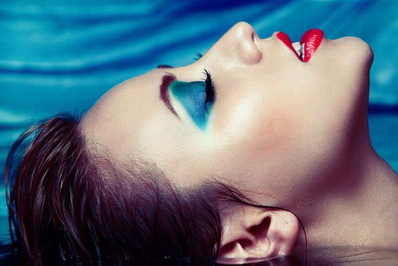 Woman with Colorful Makeup — Blue, Dramatic, Photograph, Red Lipstick