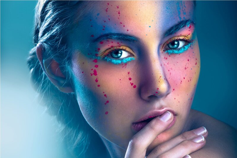Woman with Colorful Makeup — Blue, Dramatic, Photograph, Splatter
