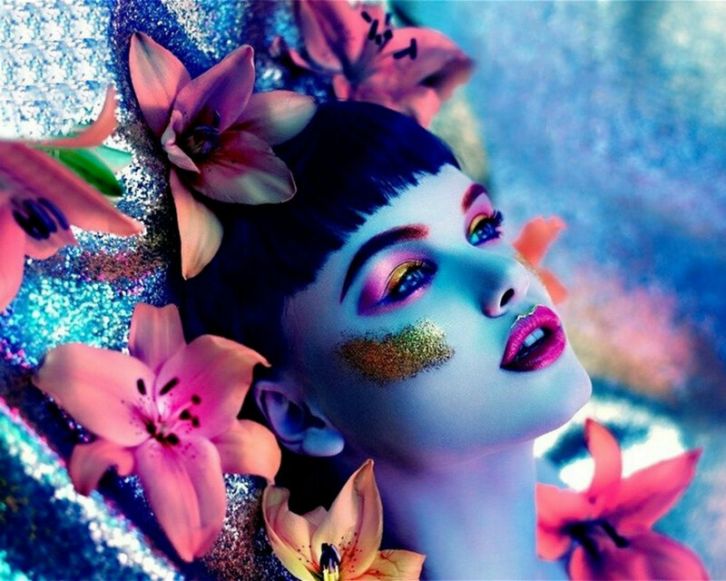 Woman with Colorful Makeup — Blue, Dreamy, Digital Art, Flowers