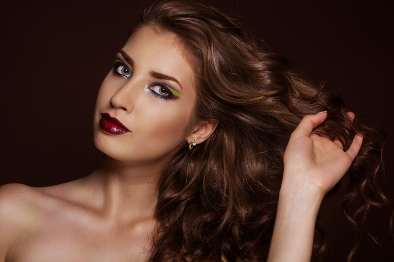 Woman with Colorful Makeup — Brown, Dramatic, Photograph, Hair
