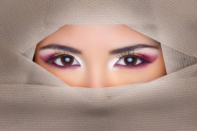 Woman with Colorful Makeup — Brown, Dramatic, Photograph