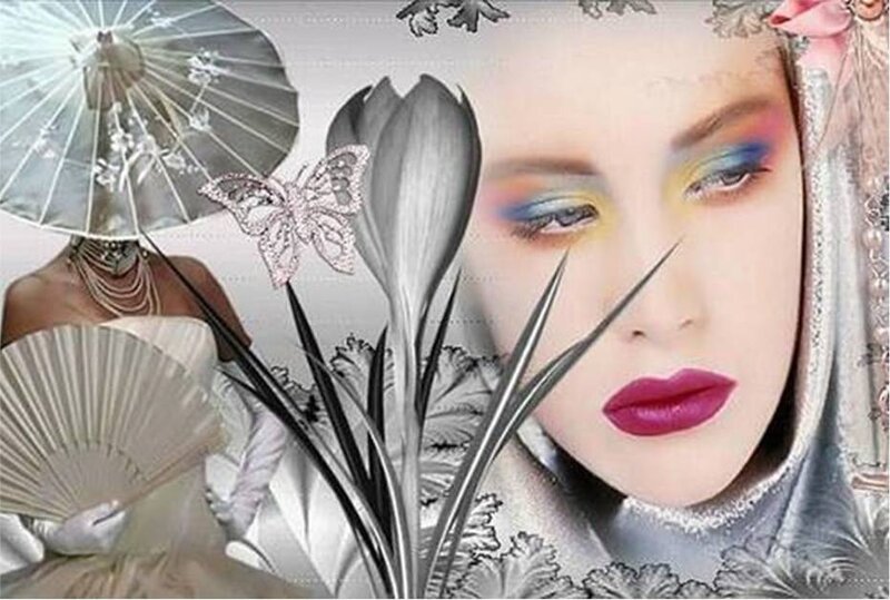 woman with colorful makeup collage