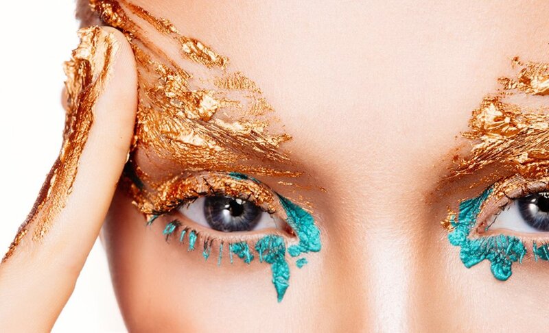 Woman with Colorful Makeup — Gold, Dramatic, Photograph