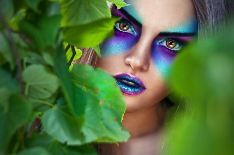 Woman with Colorful Makeup — Green, Dramatic, Photograph, Leaves