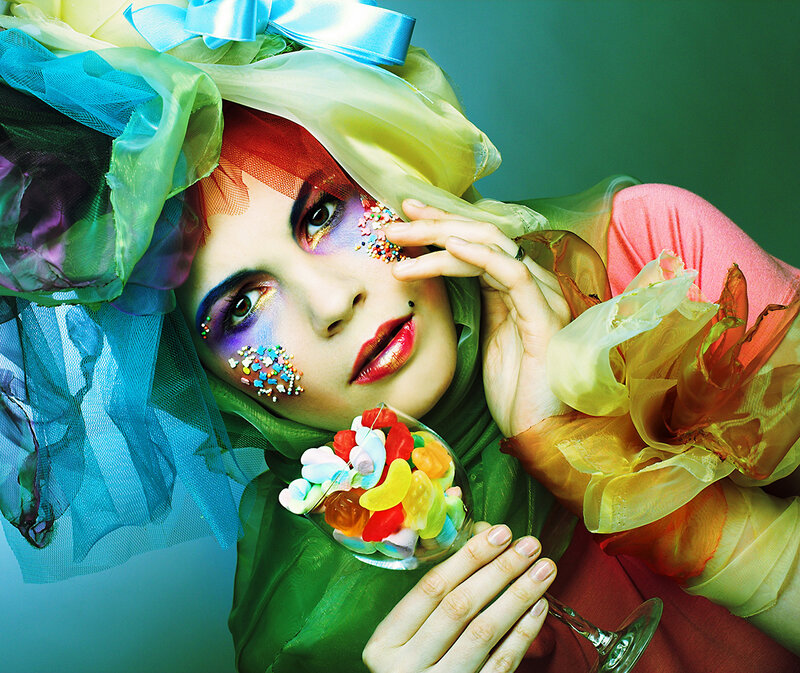 Woman with Colorful Makeup — Green, Vibrant, Photograph
