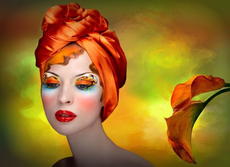 Woman with Colorful Makeup — Orange, Dramatic, Digital Art