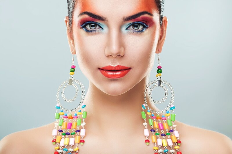 Woman with Colorful Makeup — Orange, Dramatic, Photograph, Earrings