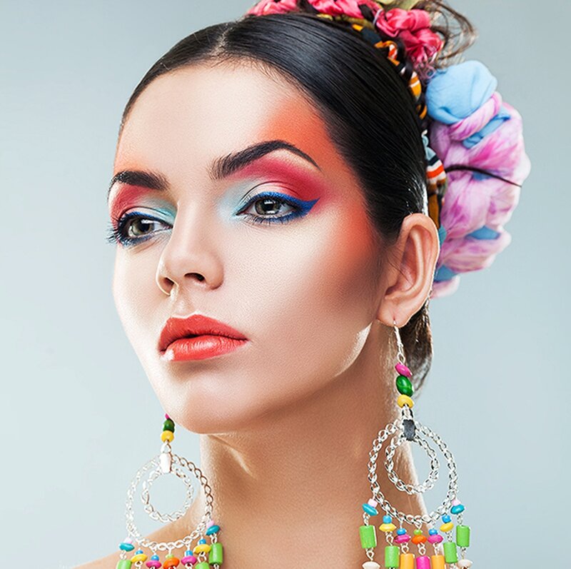 Woman with Colorful Makeup — Pink, Dramatic, Photograph, Earrings
