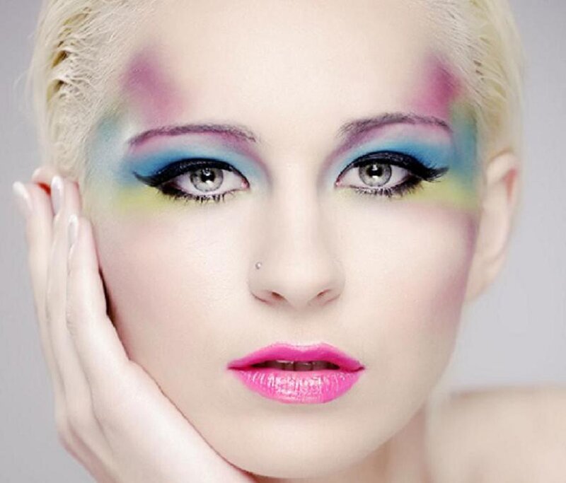 Woman with Colorful Makeup — Pink, Dramatic, Photograph, Eyes, Hand