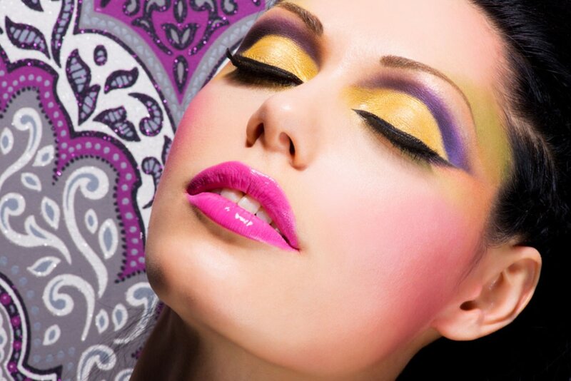 Woman with Colorful Makeup — Pink, Dramatic, Photograph, Eyes, Lipstick, Patterned Background