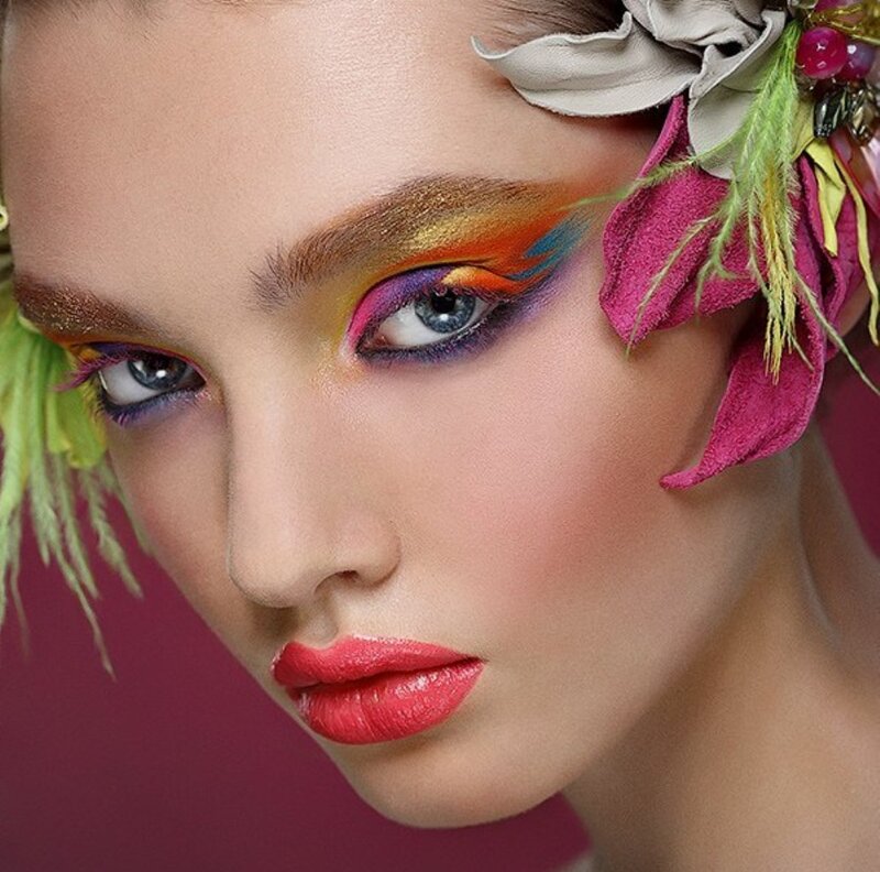 Woman with Colorful Makeup — Pink, Dramatic, Photograph, Flowers, Eyeshadow