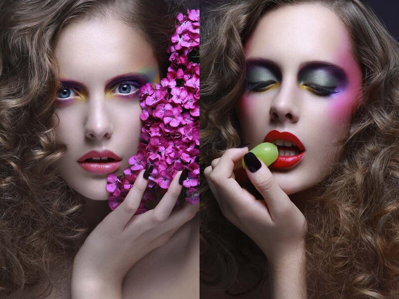 Woman with Colorful Makeup — Pink, Dramatic, Photograph, Flowers, Grape