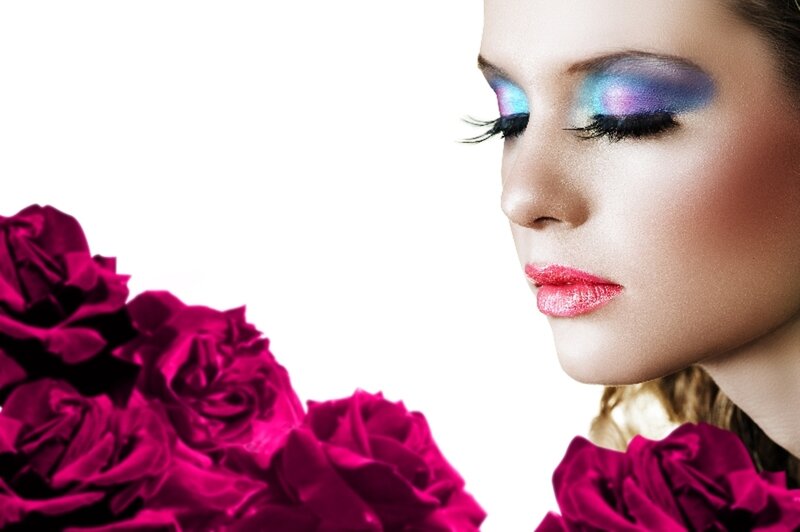 Woman with Colorful Makeup — Pink, Dramatic, Photograph, Roses