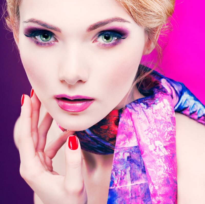 Woman with Colorful Makeup — Pink, Dramatic, Photograph, Scarf, Nails