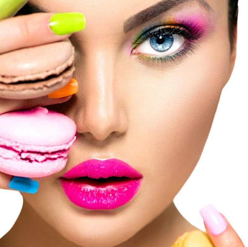 Woman with Colorful Makeup — Pink, Vibrant, Photograph, Macarons