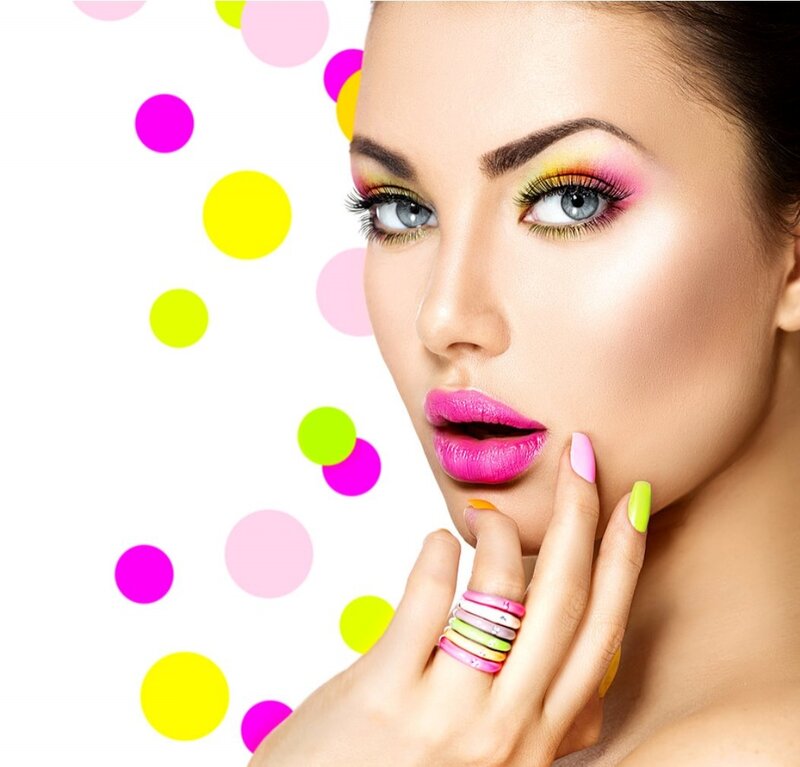 Woman with Colorful Makeup — Pink, Vibrant, Photograph, Nails, Ring