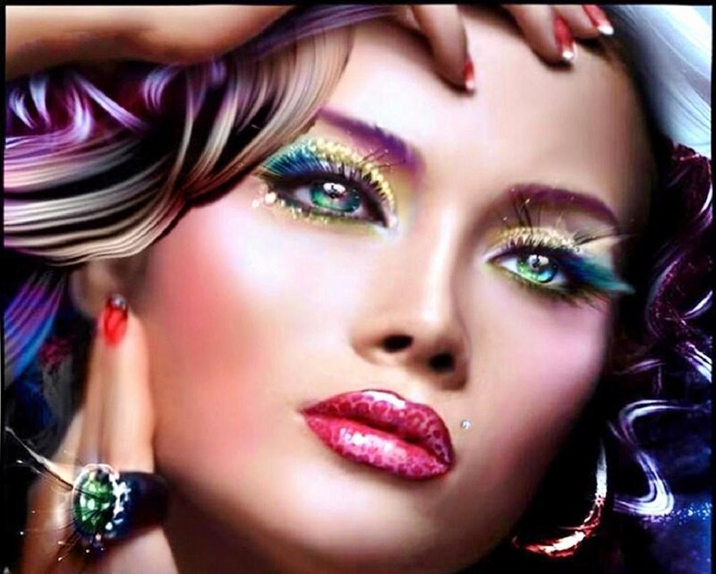 Woman with Colorful Makeup — Purple, Dramatic, Digital Art, Jewelry