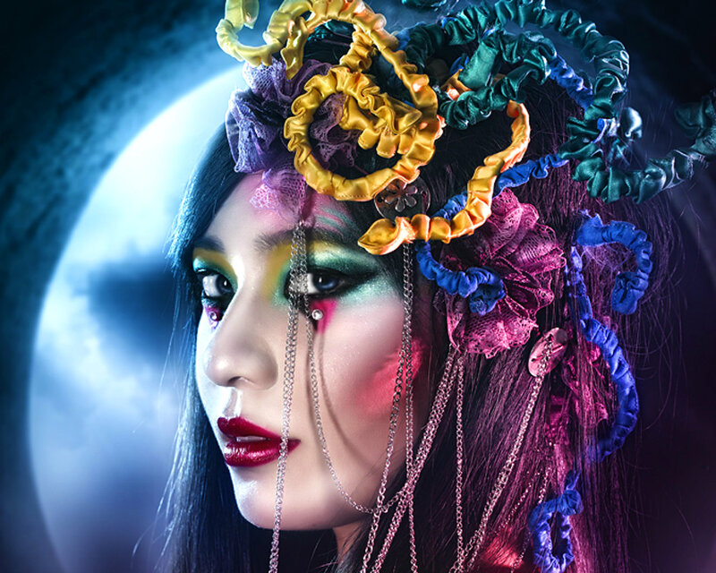 Woman with Colorful Makeup — Purple, Dramatic, Night